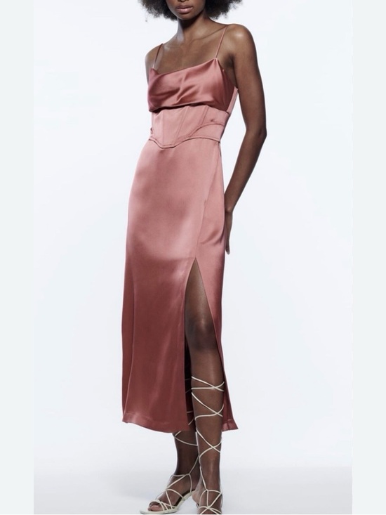 Zara Dresses & Skirts - Zara Corsetry Satin Slip Midi Dress with Side Slit in Rose Dust EUC Size Small